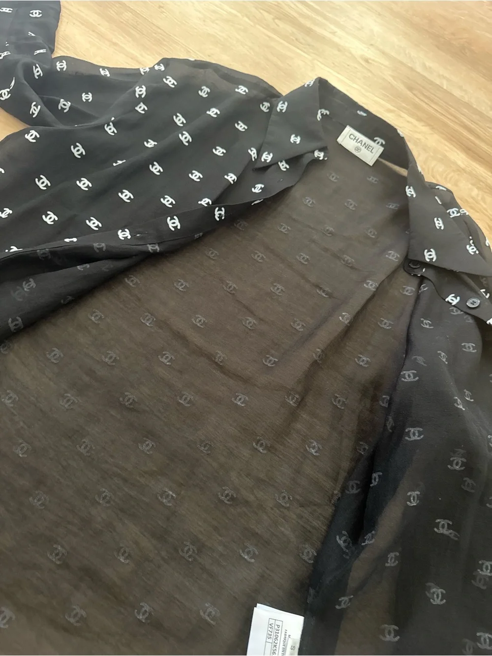 CHANEL Black Button-Down Shirt with White Logo Print